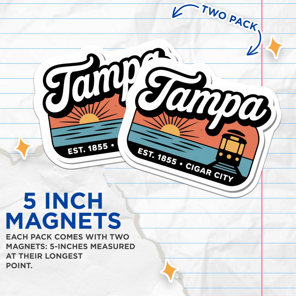 (2 Pack) Tampa Magnets - Florida Travel - City Souvenir - Cigar City Decor - 5" On Longest Side - Premium Magnet - for Cars, Refrigerators, Toolboxes, Lockers - Made in USA - MAG17682