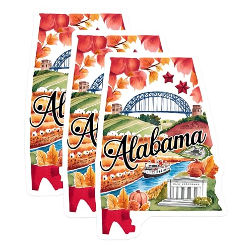 (3 Pack) Alabama State Decals - Watercolor Illustration - Travel Souvenir- 3 Inches On Longest Side - Easy Peel & Apply - Made in USA - 3MCS5048
