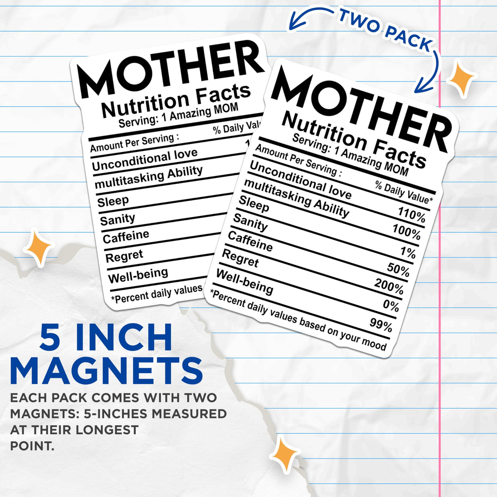(2 Pack) Mother Nutrition Facts Magnets - Amazing Mom - Refrigerator Decor - 5" On Longest Side - Premium Magnet - for Cars, Refrigerators, Toolboxes, Lockers - Made in USA - MAG15194