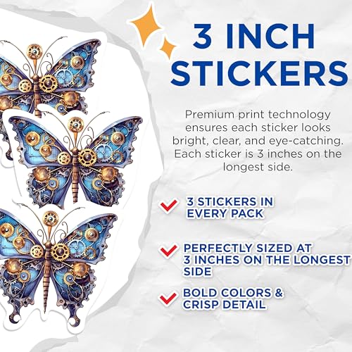 (3 Pack) Steampunk Butterfly Decals - Gear Insect - Laptop Decals - 3 Inches On Longest Side - Easy Peel & Apply - Made in USA - 3MCS1196