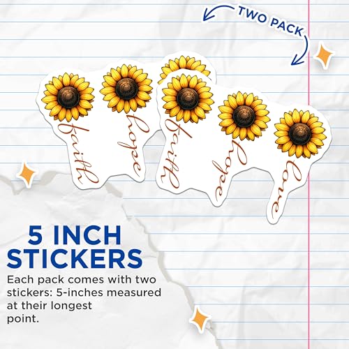 (2 Pack) Sunflower Faith Hope Love Stickers - Inspirational Vinyl Decal - Positive Quote for Laptops and Water Bottles - 5" On Longest Side - Sticks to Smooth Flat Surfaces - Made in USA - BMCS7987