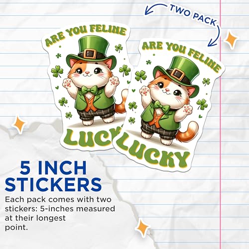 (2 Pack) are You Feline Lucky Stickers - Cute Cat - St Patrick's Day Cat Decal - 5" On Longest Side - Sticks to Smooth Flat Surfaces - Made in USA - BMCS8109