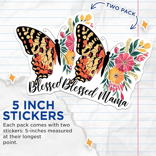 (2 Pack) Blessed Mama Stickers - Butterfly Floral - Mom Appreciation - 5" On Longest Side - Sticks to Smooth Flat Surfaces - Made in USA - BMCS7718