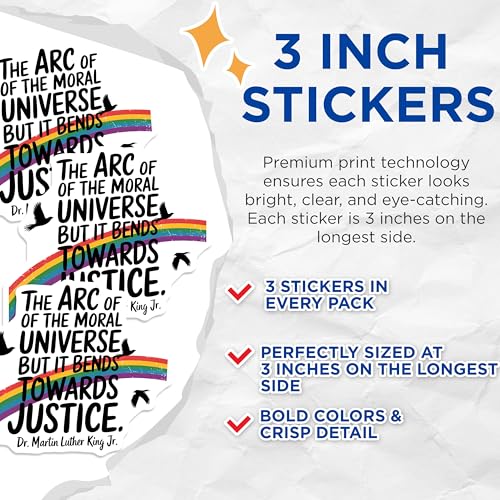 (3 Pack) MLK Justice Decals - Rainbow Decal - Laptop Decals - 3 Inches On Longest Side - Easy Peel & Apply - Made in USA - 3MCS2532