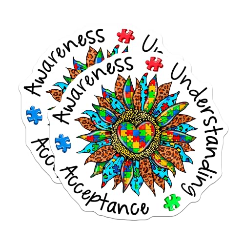 (2 Pack) Autism Awareness Stickers - Understanding - Acceptance - 5" On Longest Side - Sticks to Smooth Flat Surfaces - Made in USA - BMCS8477