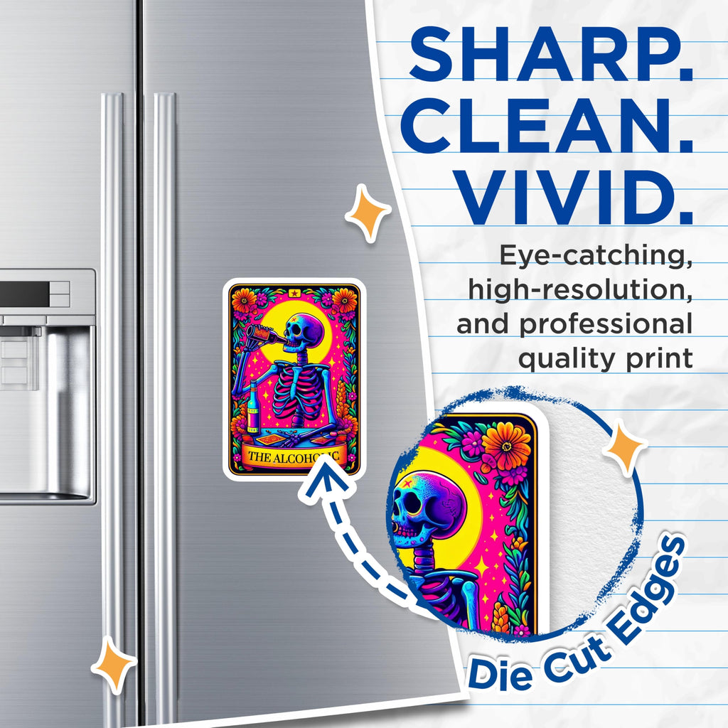 (2 Pack) Alcoholic Skeleton Magnets - Drinking Skull Tarot Art - Psychedelic Fridge Decor - Macabre Kitchen Accent - 5 Inches On Longest Side - Thick Durable Magnet - Made in USA - MAG23478