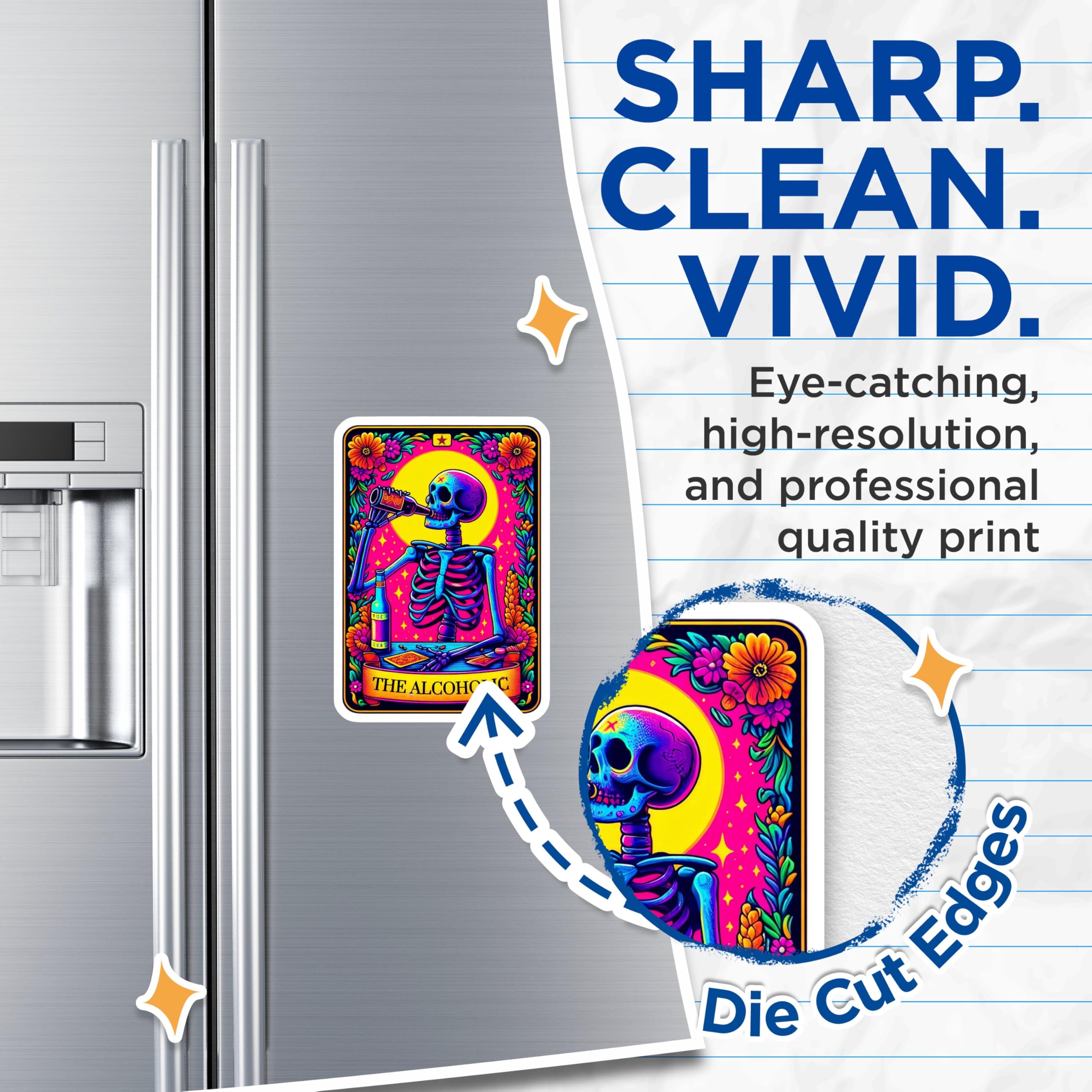 (2 Pack) Alcoholic Skeleton Magnets - Drinking Skull Tarot Art - Psychedelic Fridge Decor - Macabre Kitchen Accent - 5 Inches On Longest Side - Thick Durable Magnet - Made in USA - MAG23478