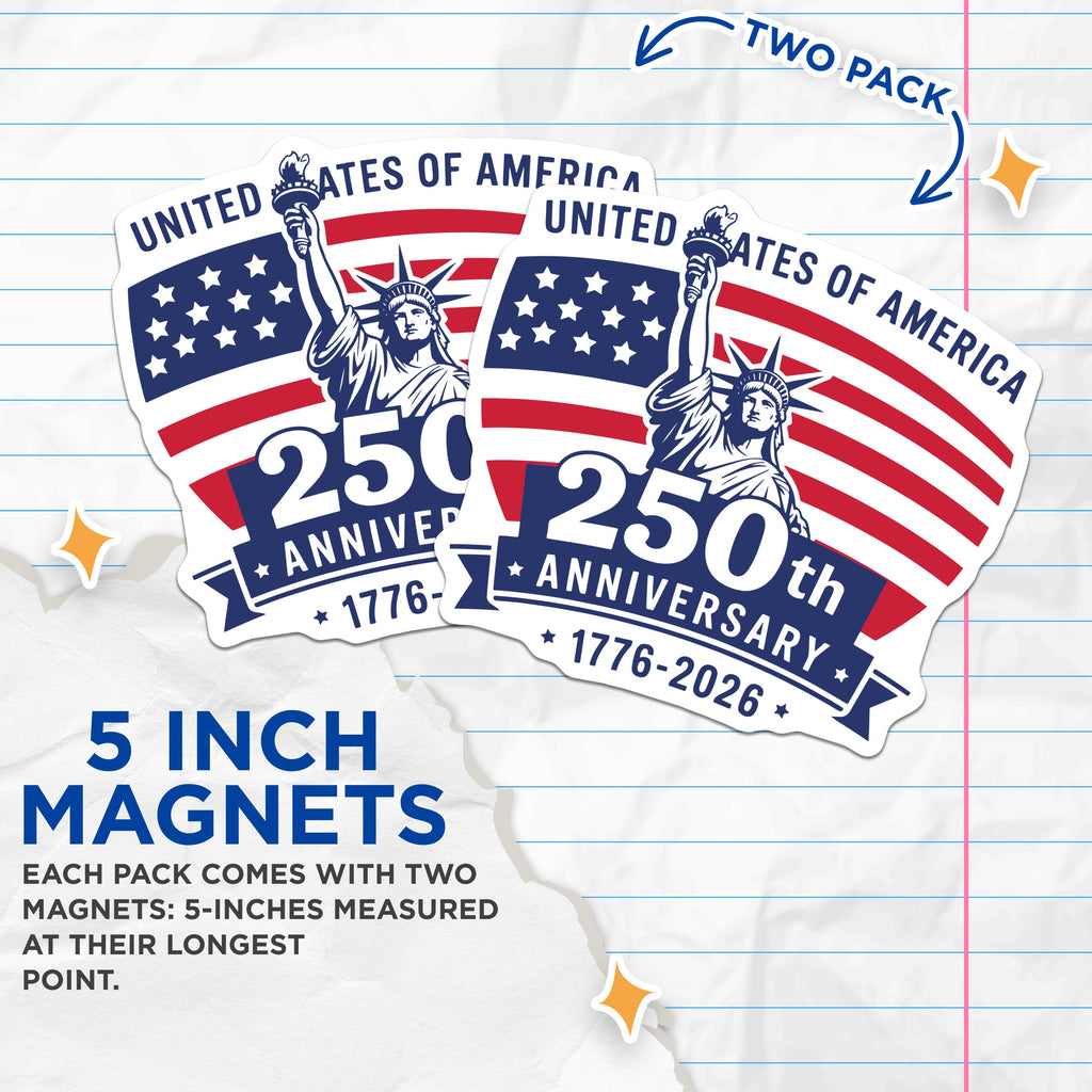 (2 Pack) 250th Anniversary USA Magnets - Patriotic American Decor - Statue of Liberty Flag - 5 Inches On Longest Side - Thick Durable Magnet - Made in USA - MAG38406