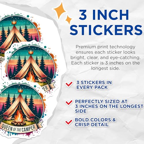 (3 Pack) Queen of The Camper Decals - Camping Decal - Laptop Decal- 3 Inches On Longest Side - Easy Peel & Apply - Made in USA - 3MCS5542