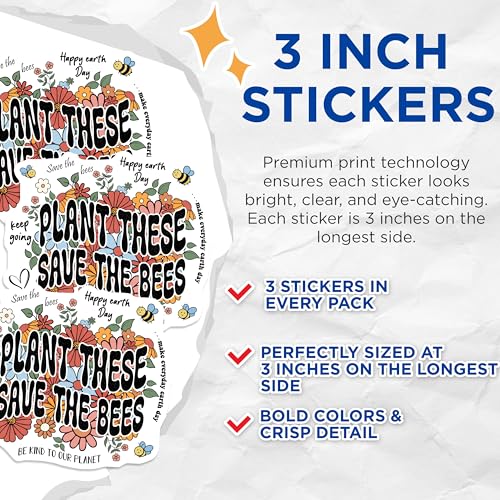 (3 Pack) Plant These Save The Bees Decals - Earth Day Stickers - Floral Laptop Decals- 3 Inches On Longest Side - Easy Peel & Apply - Made in USA - 3MCS5375