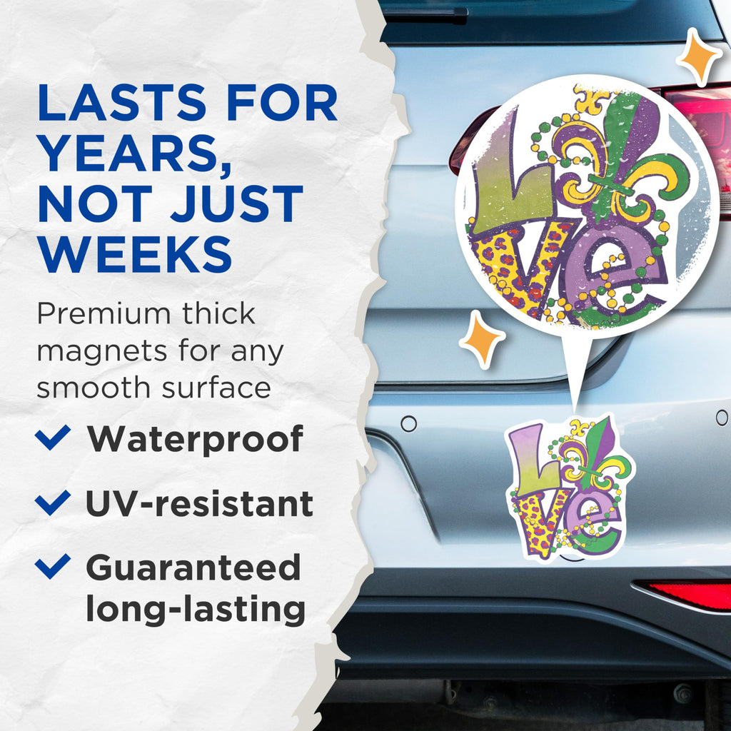 (2 Pack) Mardi Gras Love Magnets - Fleur de Lis Decor - Carnival Celebration Accessories - 5" On Longest Side - Premium Magnet - for Cars, Refrigerators, Toolboxes, Lockers - Made in USA - MAG15336