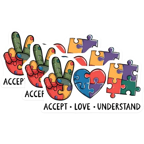 (3 Pack) Autism Awareness Decals - Accept Love Understand - Puzzle Piece Stickers - 3 Inches On Longest Side - Easy Peel & Apply - Made in USA - 3MCS8577