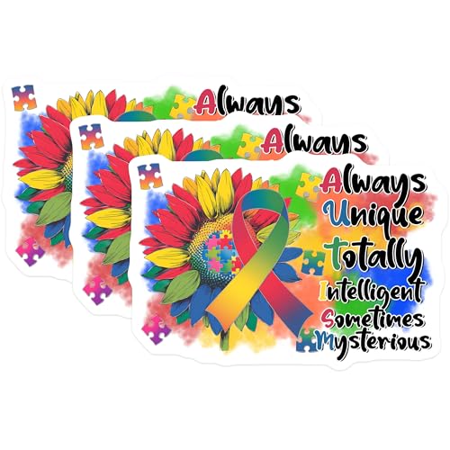 (3 Pack) Autism Awareness Decals - Sunflower Puzzle Ribbon Decal - Unique Intelligent Decal - 3 Inches On Longest Side - Easy Peel & Apply - Made in USA - 3MCS8454