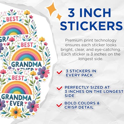 (3 Pack) Best Grandma Ever Decals - Rainbow Flowers - Loving Grandmothers - 3 Inches On Longest Side - Easy Peel & Apply - Made in USA - 3MCS1728