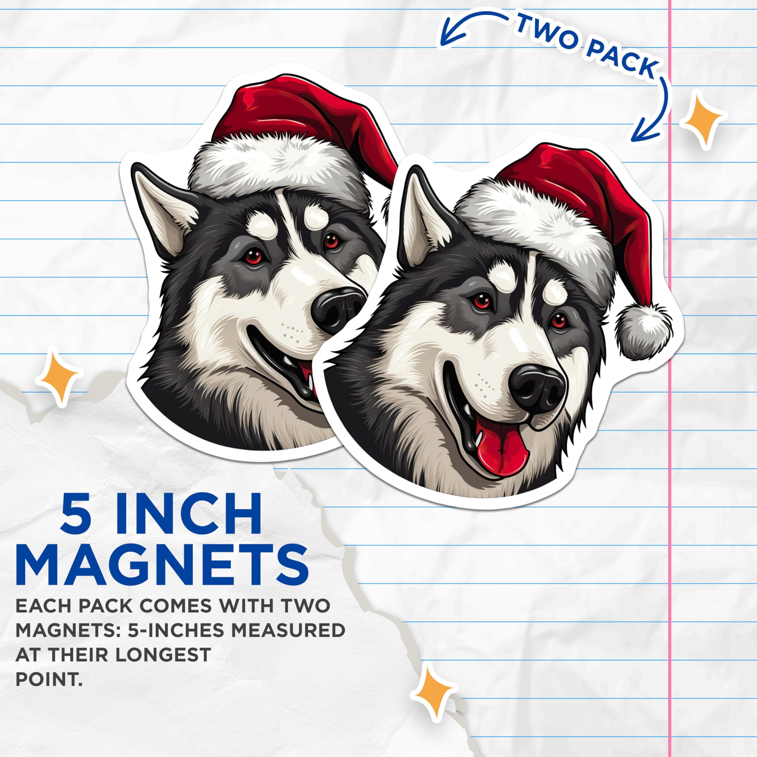 (2 Pack) Siberian Husky Christmas Magnets - Santa Hat Dog Decor - Holiday Pet Lover Fridge Accessories - 5 Inches On Longest Side - Thick Durable Magnet - Made in USA - MAG29133