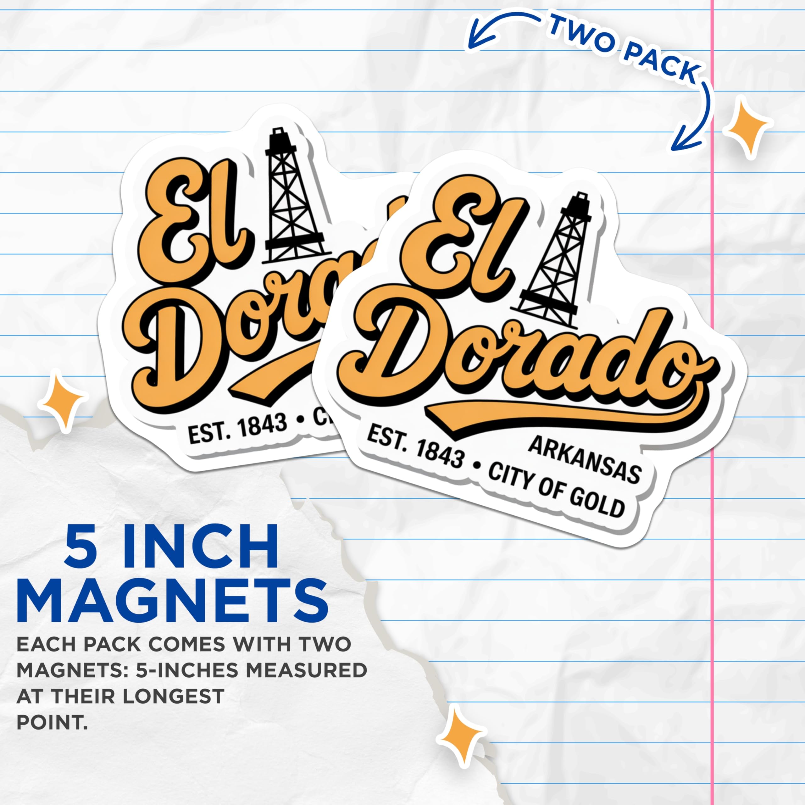 (2 Pack) El Dorado Arkansas Magnets - City of Gold Souvenir - Arkansas Travel Decor - 5" On Longest Side - Premium Magnet - for Cars, Refrigerators, Toolboxes, Lockers - Made in USA - MAG17797
