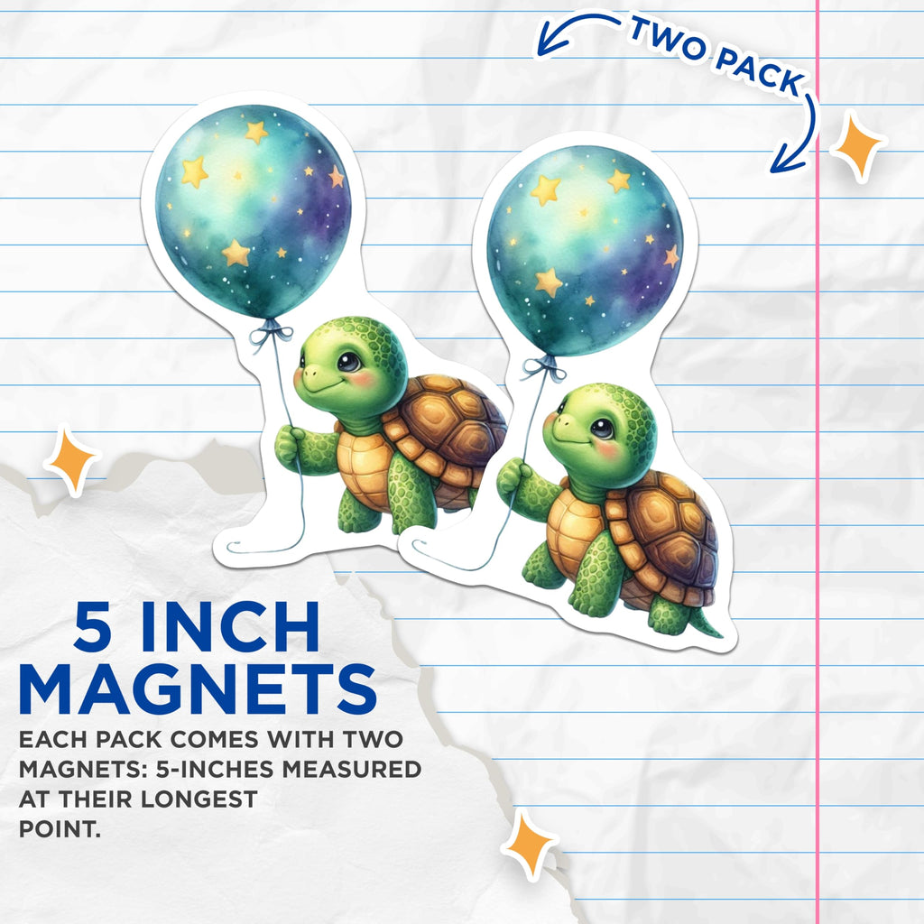 (2 Pack) Adorable Turtle Magnets - Whimsical Star Balloon Art - Baby Animal Nursery Decor - Cute Reptile Home Accents - 5 Inches On Longest Side - Thick Durable Magnet - Made in USA - MAG20438