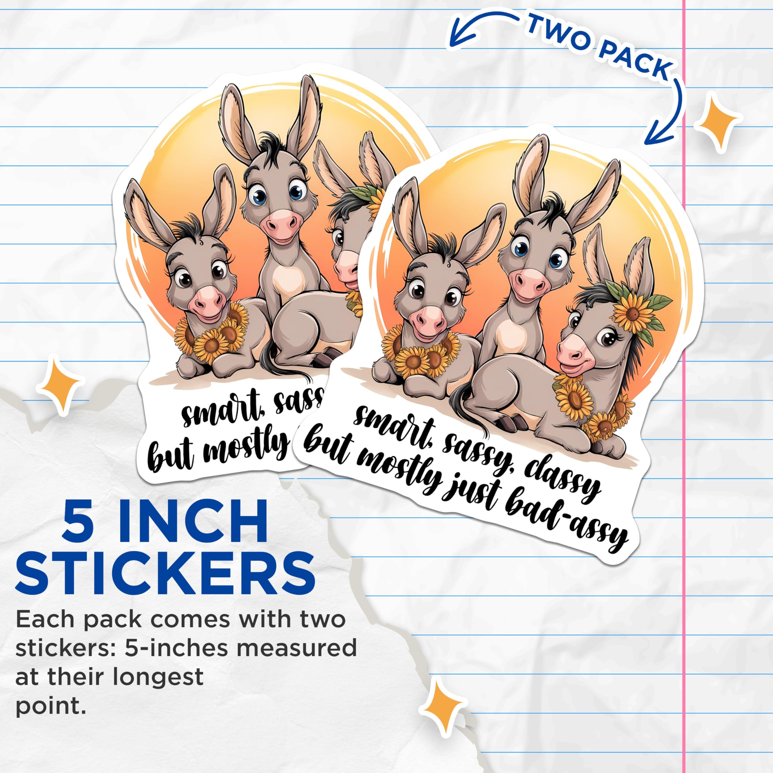 (2 Pack) Funny Donkey Stickers - Cute Animal Stickers - Smart Sassy Classy Stickers - Bad-Assy Quote Stickers - 5" On Longest Side - Sticks to Any Smooth Flat Surface - Made in USA - BMCS3331