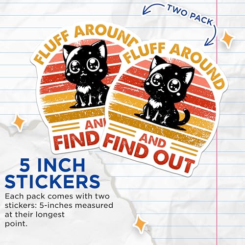 (2 Pack) Fluff Around and Find Out Stickers - Cute Cat - Retro Style - 5" On Longest Side - Sticks to Smooth Flat Surfaces - Made in USA - BMCS7333