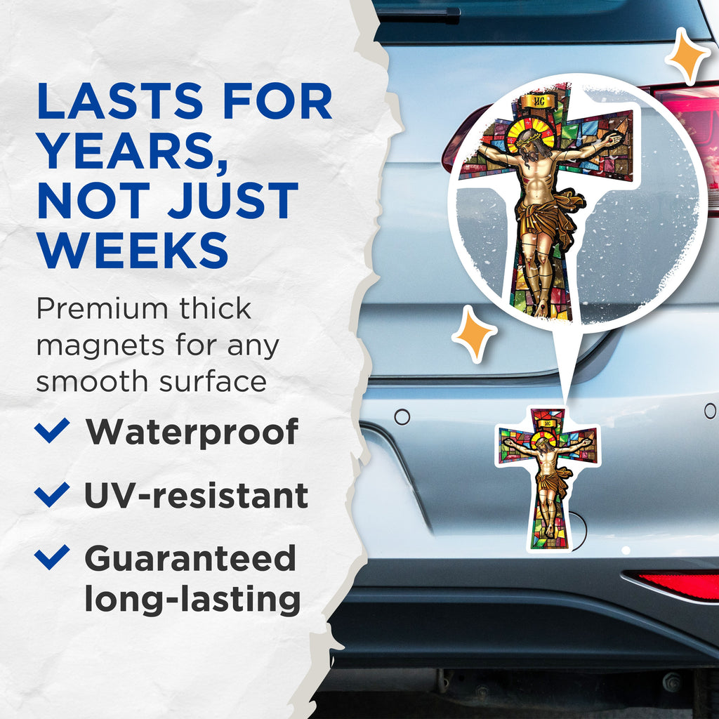 (2 Pack) Stained Glass Crucifix Magnets - Jesus Christ Religious Decor - Christian Faith Inspiration - 5 Inches On Longest Side - Thick Durable Magnet - Made in USA - MAG38376
