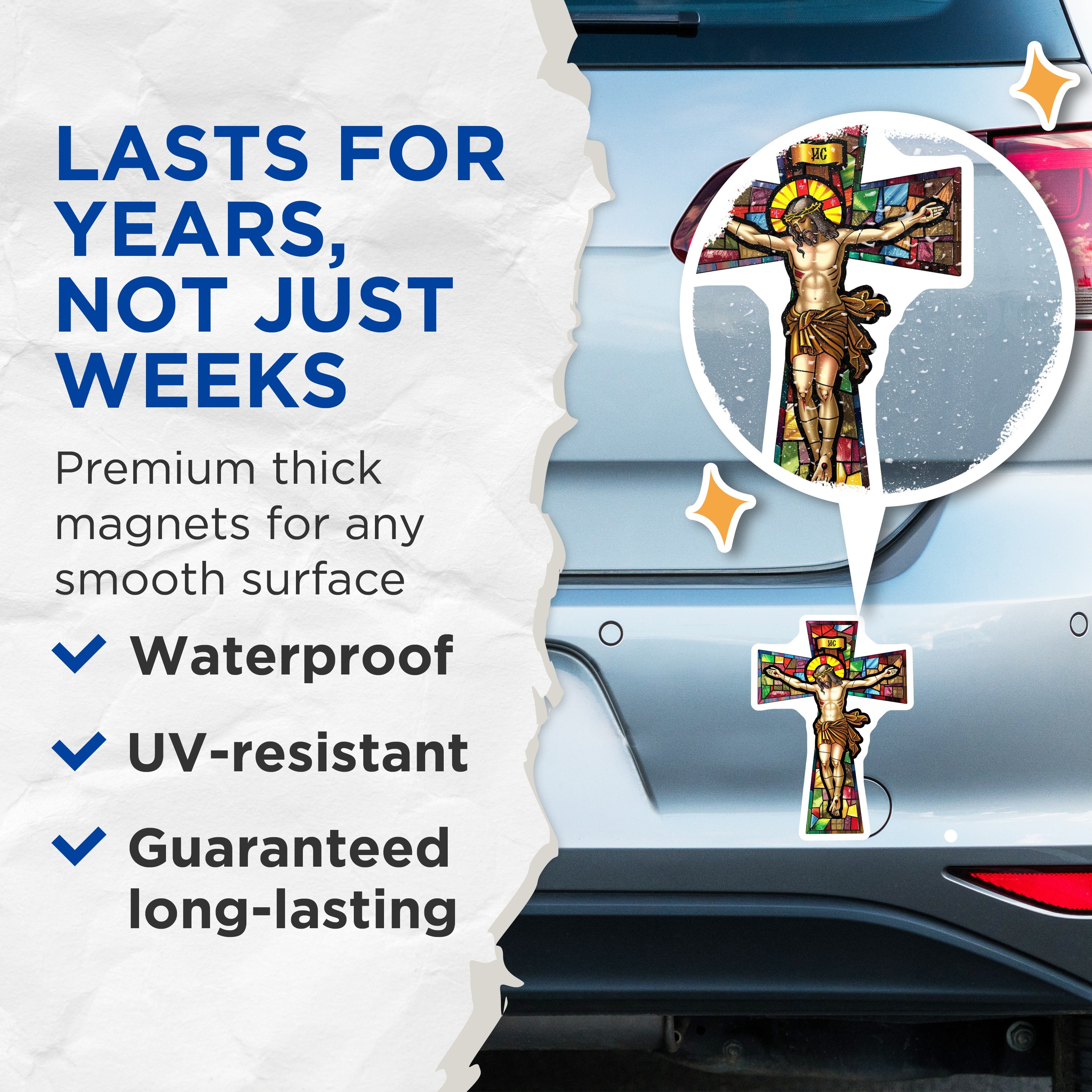 (2 Pack) Stained Glass Crucifix Magnets - Jesus Christ Religious Decor - Christian Faith Inspiration - 5 Inches On Longest Side - Thick Durable Magnet - Made in USA - MAG38376