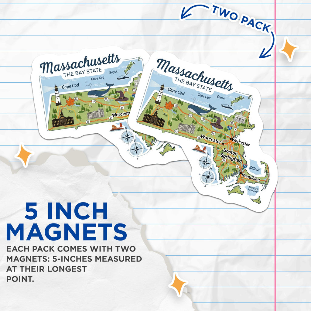(2 Pack) Massachusetts Magnets - State Map - Bay State Souvenir - 5" On Longest Side - Premium Magnet - for Cars, Refrigerators, Toolboxes, Lockers - Made in USA - MAG14831