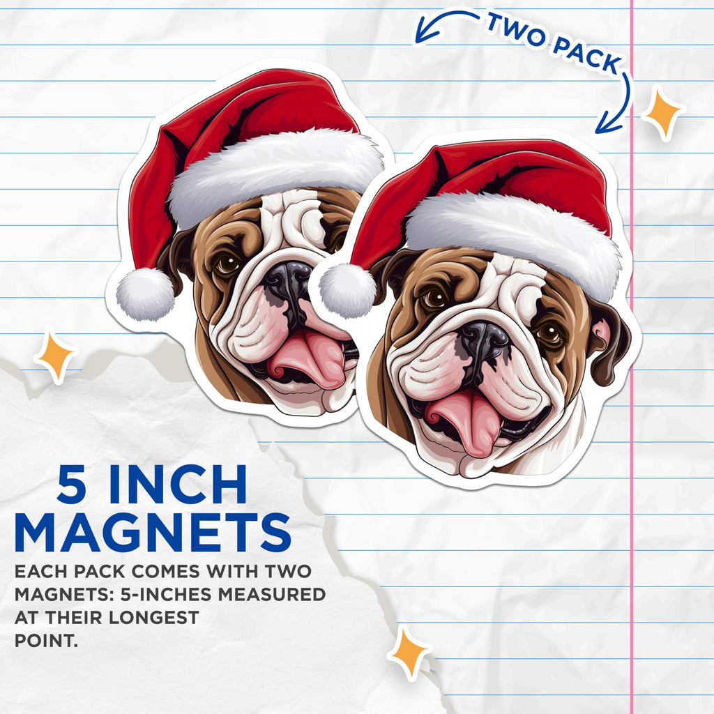 (2 Pack) Christmas Bulldog Magnets - Cute Santa Hat Dog Refrigerator Decor - Festive Winter Holiday Pet Magnets - 5 Inches On Longest Side - Thick Durable Magnet - Made in USA - MAG23658