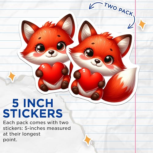 (2 Pack) Cute Fox with Heart Stickers - Animal Lover Stickers - Cartoon Fox Decals - Cute Animal Stickers for Kids - 5" On Longest Side - Sticks to Smooth Flat Surfaces - Made in USA - BMCS3681
