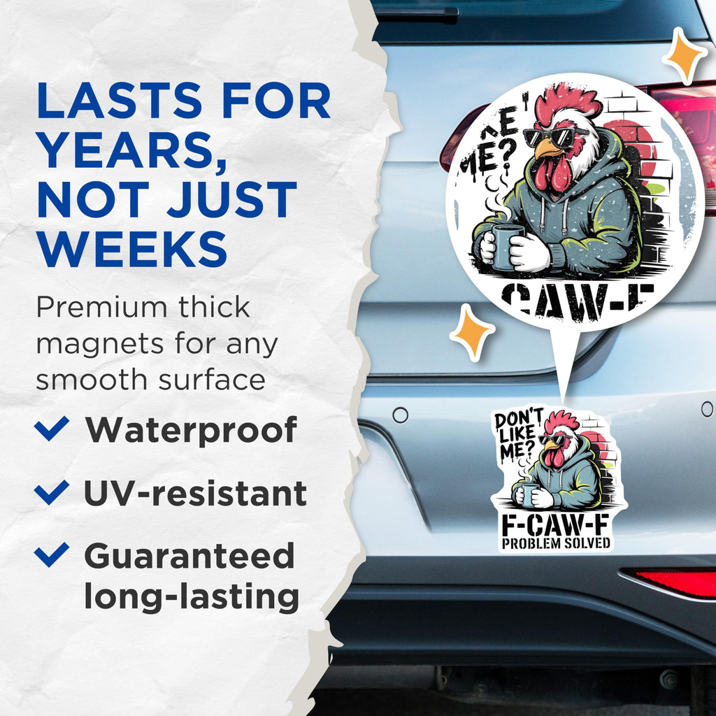 (2 Pack) Sarcastic Rooster Magnets - Funny Chicken with Attitude - F-CAW-F Problem Solved Design - Cool Animal Decor - 5 Inches On Longest Side - Thick Durable Magnet - Made in USA - MAG21546