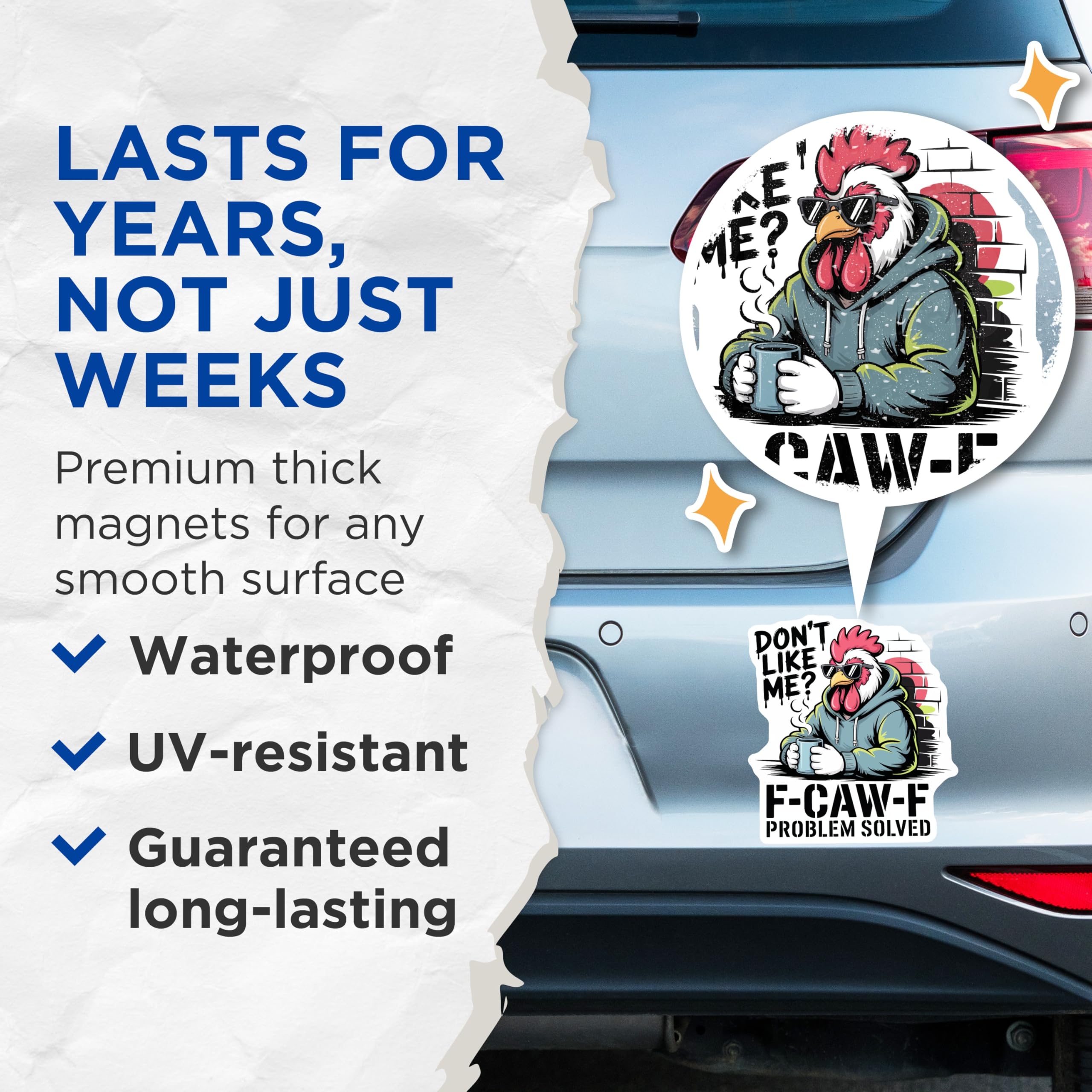 (2 Pack) Sarcastic Rooster Magnets - Funny Chicken with Attitude - F-CAW-F Problem Solved Design - Cool Animal Decor - 5 Inches On Longest Side - Thick Durable Magnet - Made in USA - MAG21546