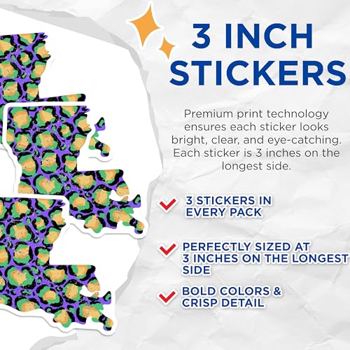 (3 Pack) Louisiana Decals - Leopard Print - State Pride Decals - 3 Inches On Longest Side - Easy Peel & Apply - Made in USA - 3MCS2897