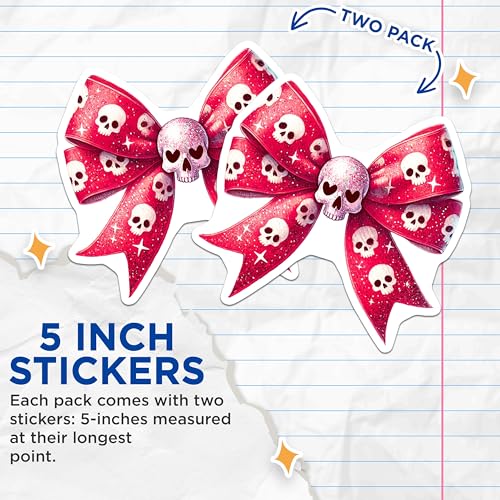 (2 Pack) Skull Bow Stickers - Pink Skull Stickers - Red Bow Skull Stickers - 5" On Longest Side - Sticks to Any Smooth Flat Surface - Made in USA - BMCS3564