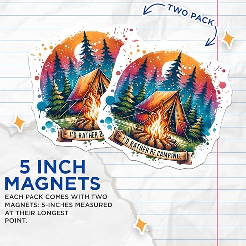 (2 Pack) Camping Enthusiast Magnets - I'd Rather Be Camping - Campfire Tent - Outdoor Adventure - 5" On Longest Side - for Cars, Fridges, Toolboxes - Made in USA - MAG6654