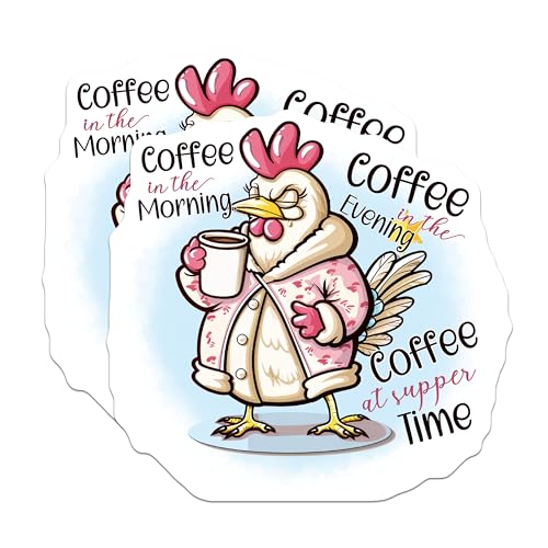(2 Pack) Coffee Chicken Stickers - Morning Coffee Stickers - Funny Coffee Lover Stickers - 5" On Longest Side - Sticks to Smooth Flat Surfaces - Made in USA - BMCS4359