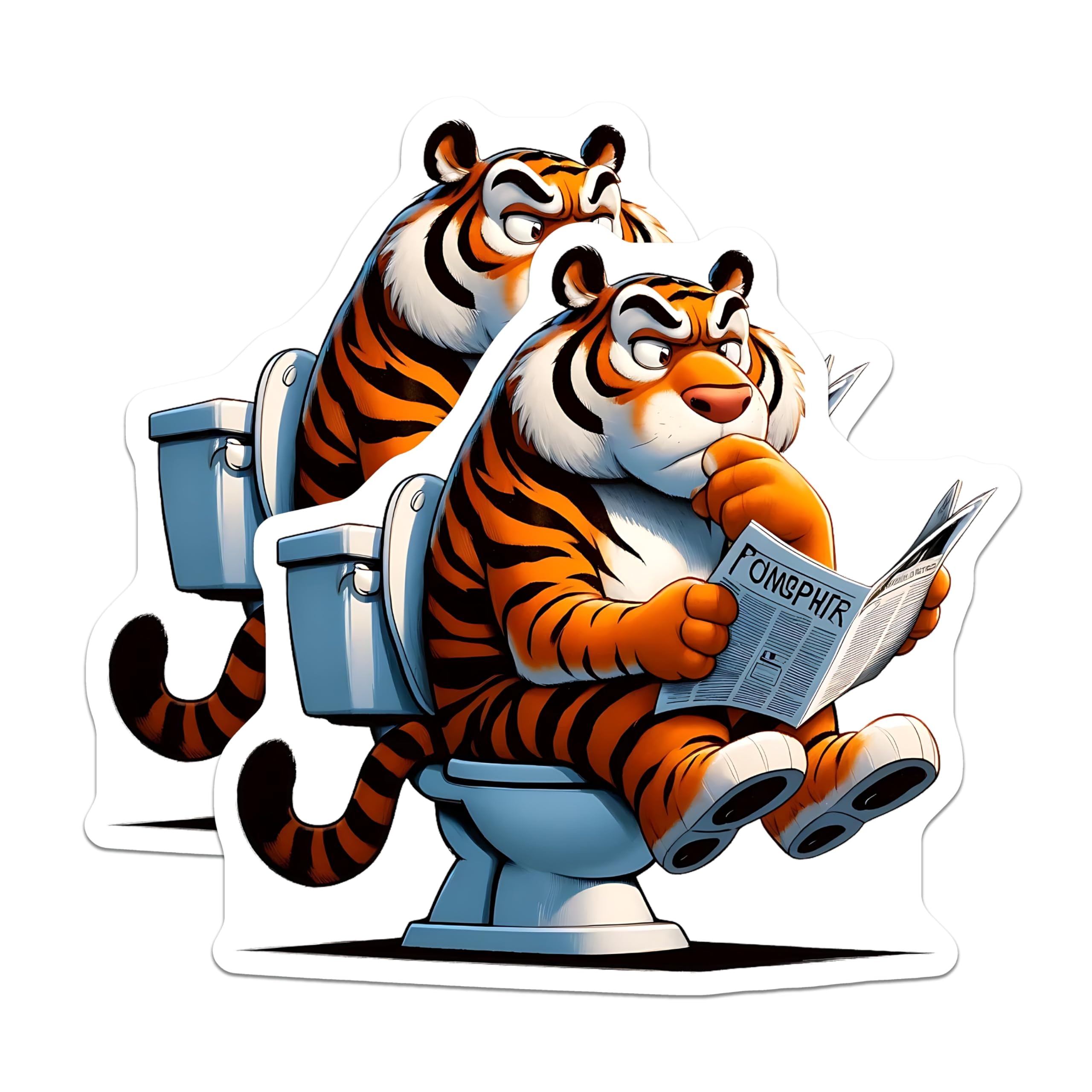 (2 Pack) Tiger on Toilet Stickers - Reading Newspaper - Funny Bathroom Stickers- 5" On Longest Side - Sticks to Smooth Flat Surfaces - Made in USA - BMCS16190