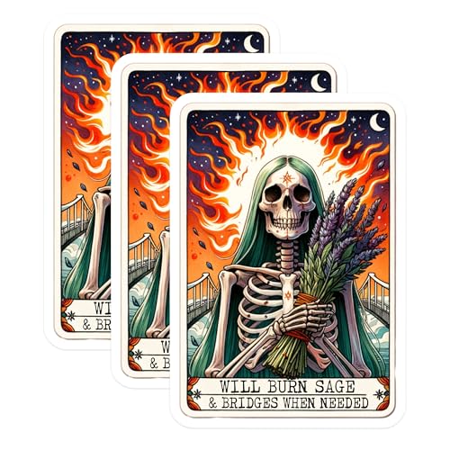 (3 Pack) Sage and Bridges Decals - Skeleton Laptop Decals - Tarot Card Inspired Decal - 3 Inches On Longest Side - Easy Peel & Apply - Made in USA - 3MCS4055