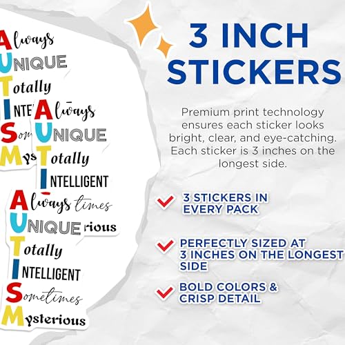 (3 Pack) Autism Awareness Decals - Unique Intelligent Mysterious - Laptop Decal - 3 Inches On Longest Side - Easy Peel & Apply - Made in USA - 3MCS1990