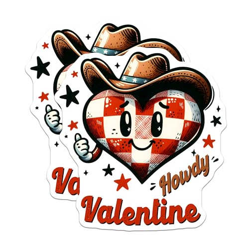 (2 Pack) Howdy Valentine Stickers - Cute Heart with Cowboy Hat Stickers - Fun Love Stickers for Valentine's Day - 5" On Longest Side - Sticks to Any Smooth Flat Surface - Made in USA - BMCS3136