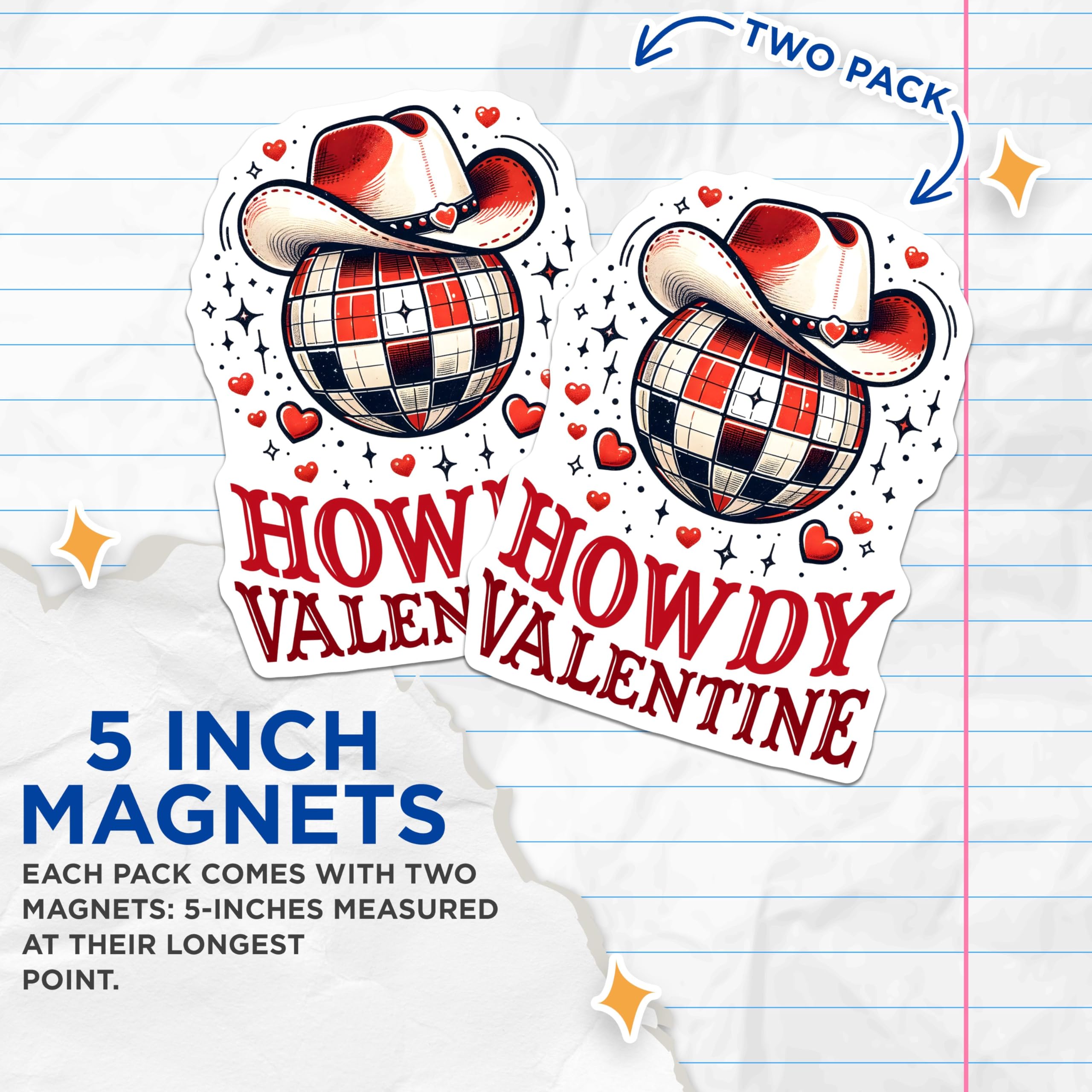 (2 Pack) Howdy Valentine Magnets - Romantic Cowboy Decor Magnets - Valentine Disco Ball Heart Magnets - 5" On Longest Side - for Cars, Refrigerators, Toolboxes, Lockers - Made in USA BMCS3143