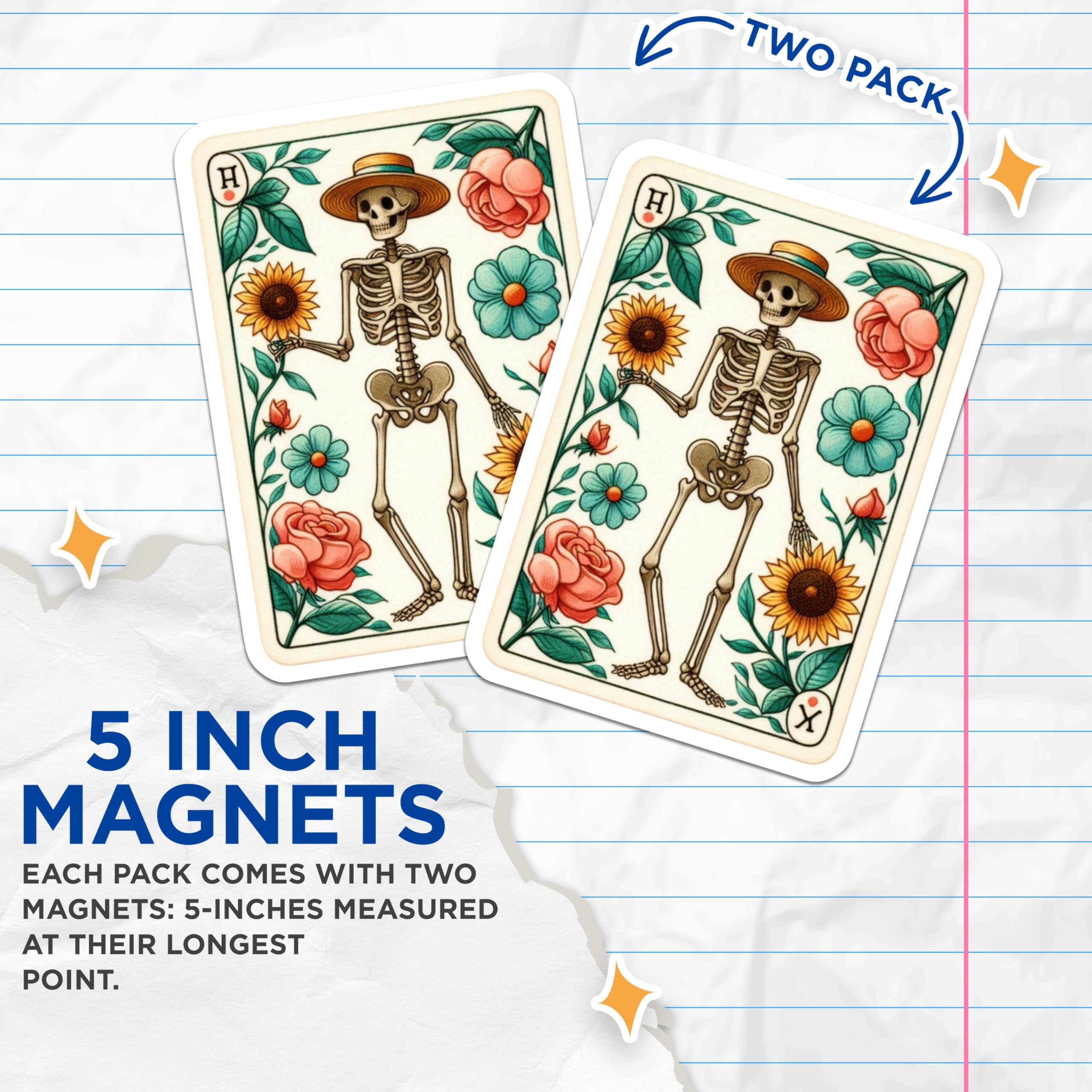 (2 Pack) Skeleton Magnets - Dia de Los Muertos Floral Design - Vibrant Mexican Folk Art - 5 Inches On Longest Side - Thick Durable Magnet - Made in USA - MAG20227