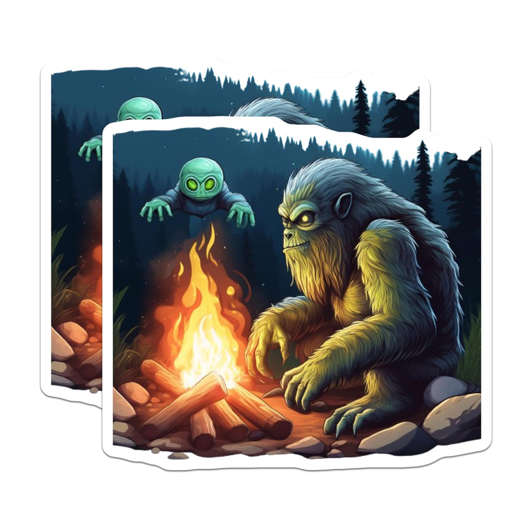 (2 Pack) Bigfoot Magnets - Alien Campfire Adventure - Cryptid Forest Night Scene - 5 Inches On Longest Side - Thick Durable Magnet - Made in USA - MAG21900