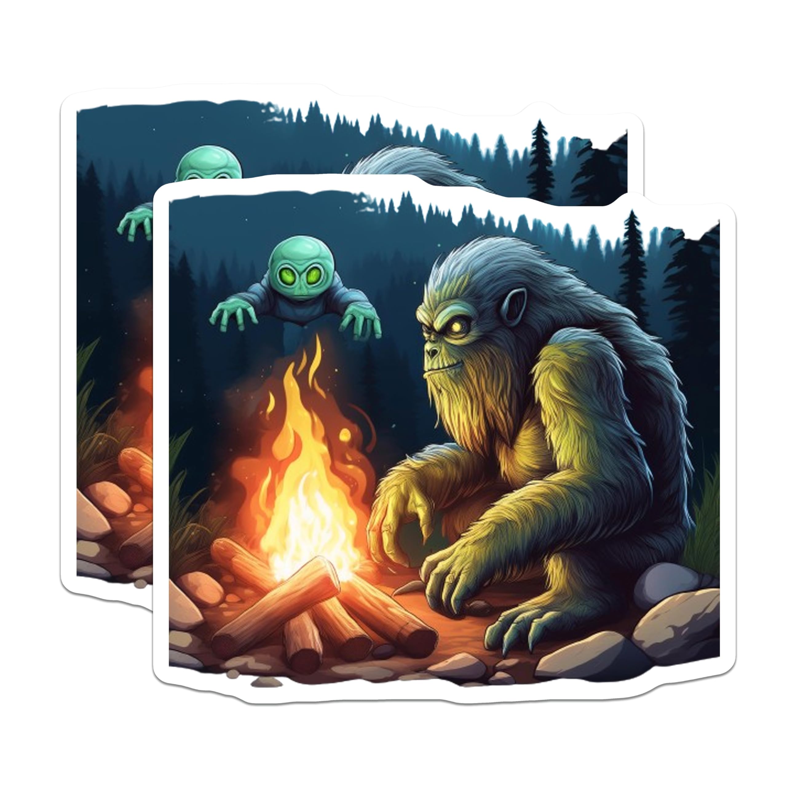 (2 Pack) Bigfoot Magnets - Alien Campfire Adventure - Cryptid Forest Night Scene - 5 Inches On Longest Side - Thick Durable Magnet - Made in USA - MAG21900
