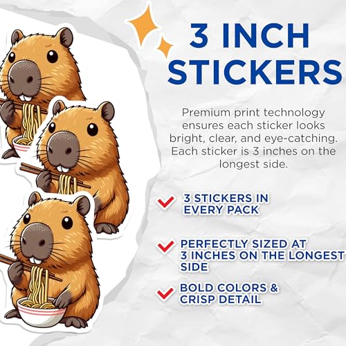 (3 Pack) Capybara Ramen Decals - Funny Rodent Stickers - Laptop Car Decals - 3 Inches On Longest Side - Easy Peel & Apply - Made in USA - 3MCS8683