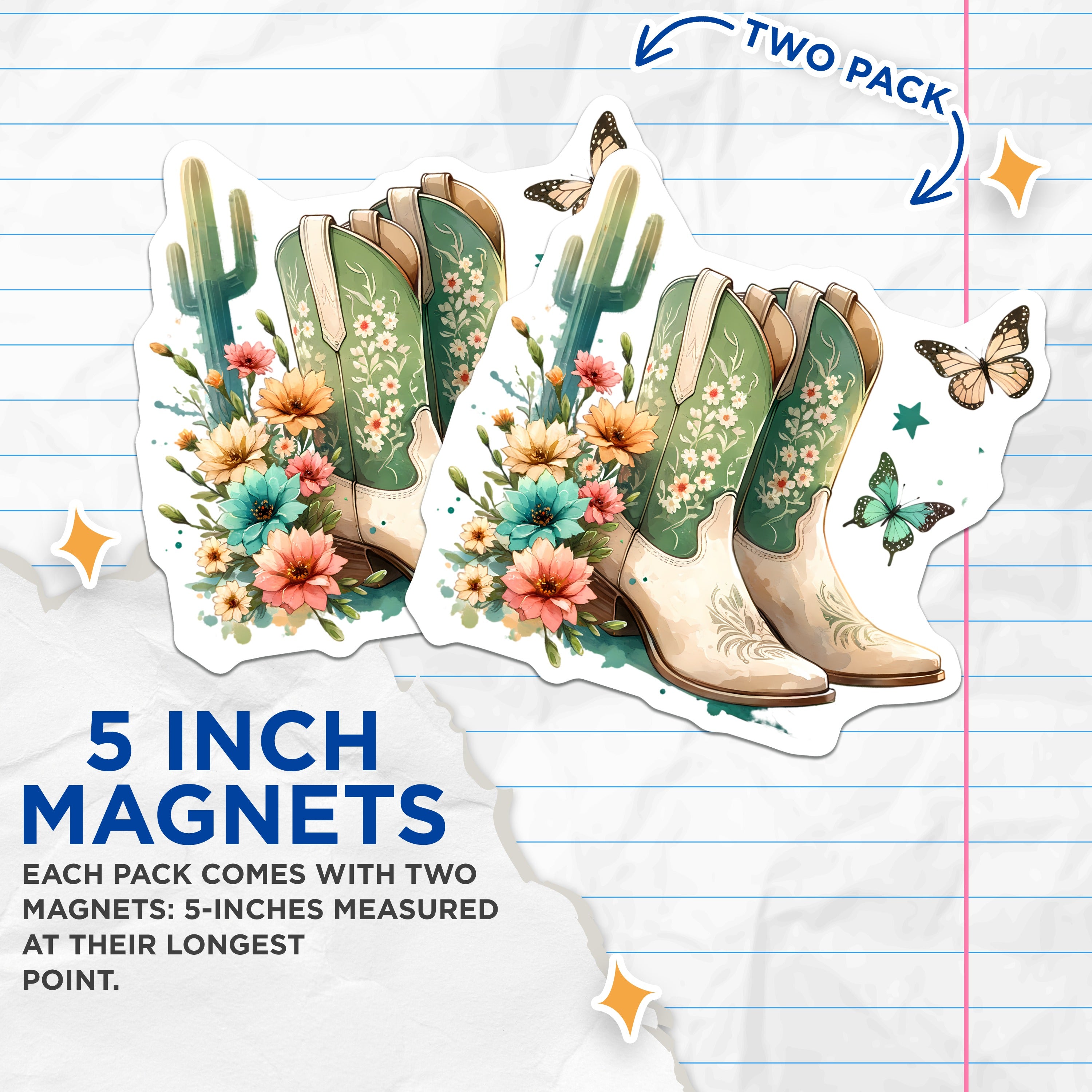 (2 Pack) Cowgirl Boots Magnets - Floral Western Decor - Cactus Butterfly Refrigerator Decor - 5 Inches On Longest Side - Thick Durable Magnet - Made in USA - MAG38544