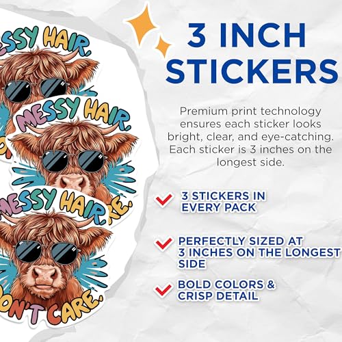 (3 Pack) Messy Hair Cow Decals - Highland Cattle - Funny Laptop Decal - 3 Inches On Longest Side - Easy Peel & Apply - Made in USA - 3MCS0911