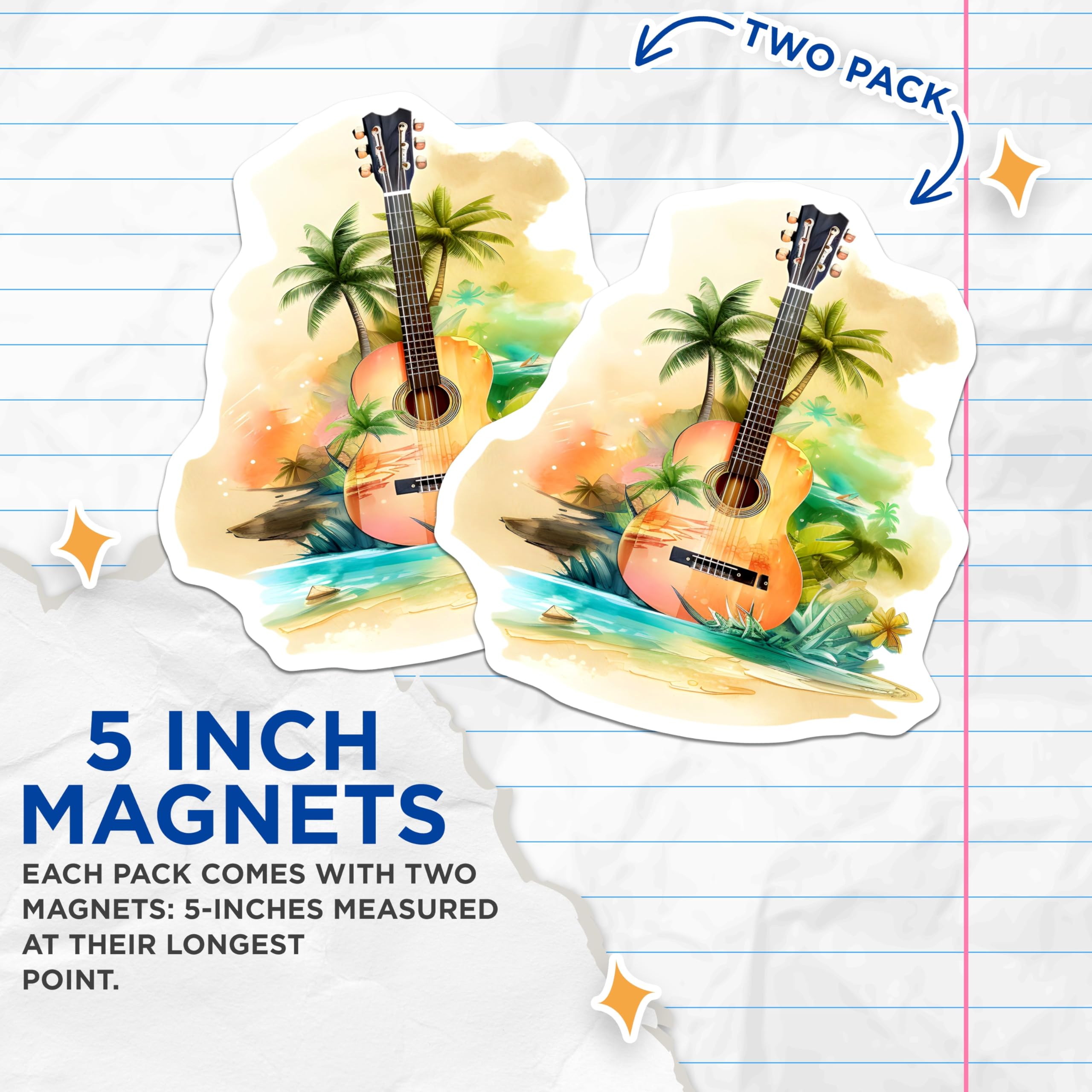 (2 Pack) Tropical Guitar Magnets - Beach Music Decor - Island Paradise Refrigerator Magnets - 5 Inches On Longest Side - Thick Durable Magnet - Made in USA - MAG20604