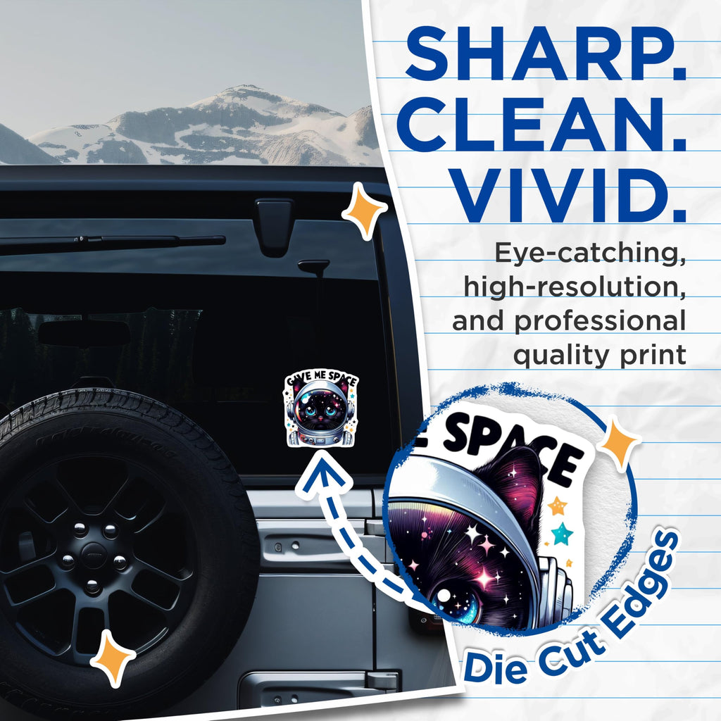 (2 Pack) Space Cat Stickers - Cute Astronaut Cat Stickers - Give Me Space Cat Decals for Laptop and Water Bottle - 5" On Longest Side - Sticks to Smooth Flat Surfaces - Made in USA - BMCS4584
