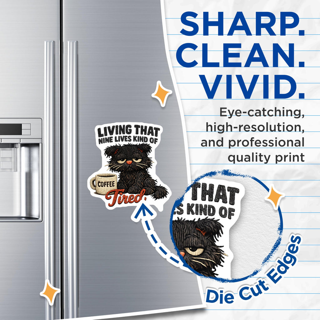 (2 Pack) Tired Cat Magnets - Grumpy Feline Coffee Lover Refrigerator Decor - Living Nine Lives Kitty Humor Animal Art - 5 Inches On Longest Side - Thick Durable Magnet - Made in USA - MAG22218