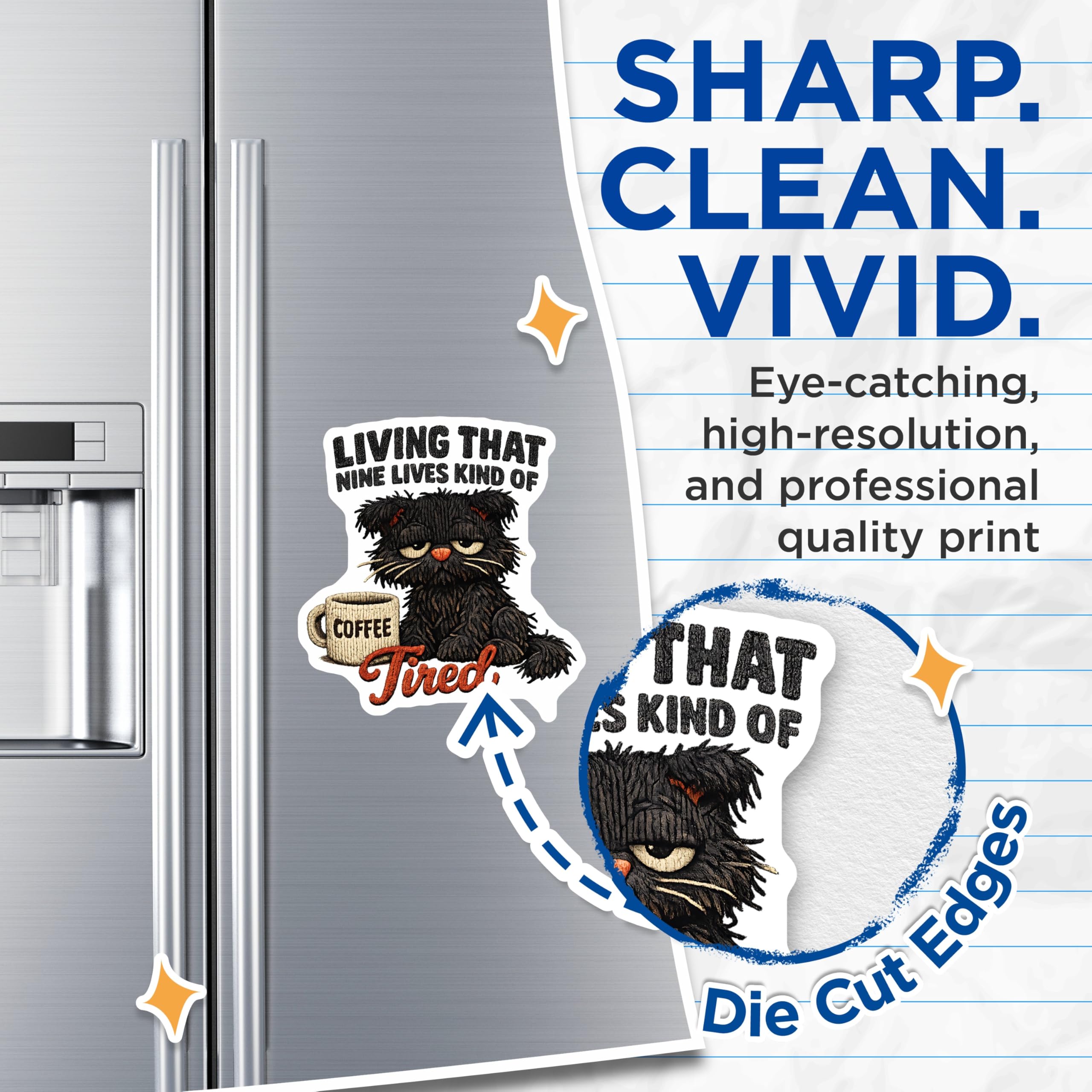 (2 Pack) Tired Cat Magnets - Grumpy Feline Coffee Lover Refrigerator Decor - Living Nine Lives Kitty Humor Animal Art - 5 Inches On Longest Side - Thick Durable Magnet - Made in USA - MAG22218