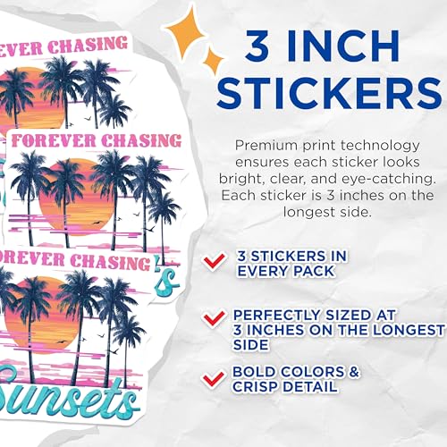(3 Pack) Sunset Palm Decals - Tropical Vibes - Laptop Decal - 3 Inches On Longest Side - Easy Peel & Apply - Made in USA - 3MCS7540